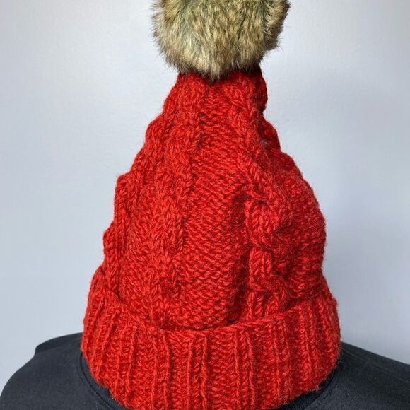 Nirvana Designs Handmade Nepal Red wool lined beanie with brown rabbit pompon - Picture 5 of 8